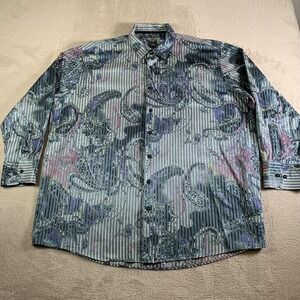 Visconti Shirt Mens Big 2X Blue Paisley Stripe Button Up Long Sleeve Casual